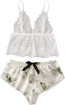 floral lace cami top with satin shorts