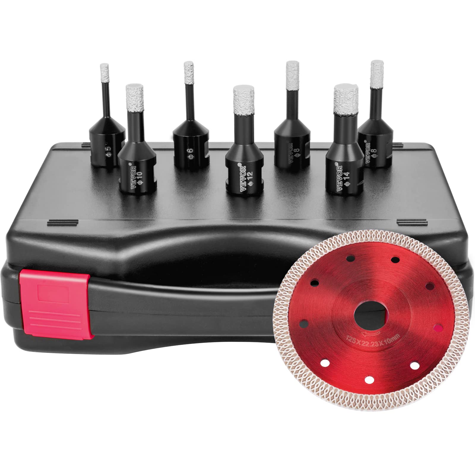 VEVOR Diamond Drill Bits 7PCS Diamond Hole Saw 6/6/8/8/10/12/14mm Tile Hole Saw Kit Vacuum Brazed 0.59in/15mm Segment Tile Hole Saw w Storage Case for Tile Ceramic Porcelain Marble, Black