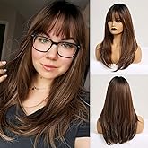 HAIRCUBE Brown Wigs for Women Long Straight layered Wig with Bangs Highlight Colour Heat Resistant Fiber Synthetic Wigs Daily Natural looking