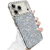 AuroiCCY for iPhone 17 Pro Max Case, Shockproof Cute Bling Glitter Sparkle Cover Sequin Diamonds Shiny Camera Lens Protector Girls Women Soft Electroplated Case for iPhone 17 Pro Max 6.9 inch, Silver