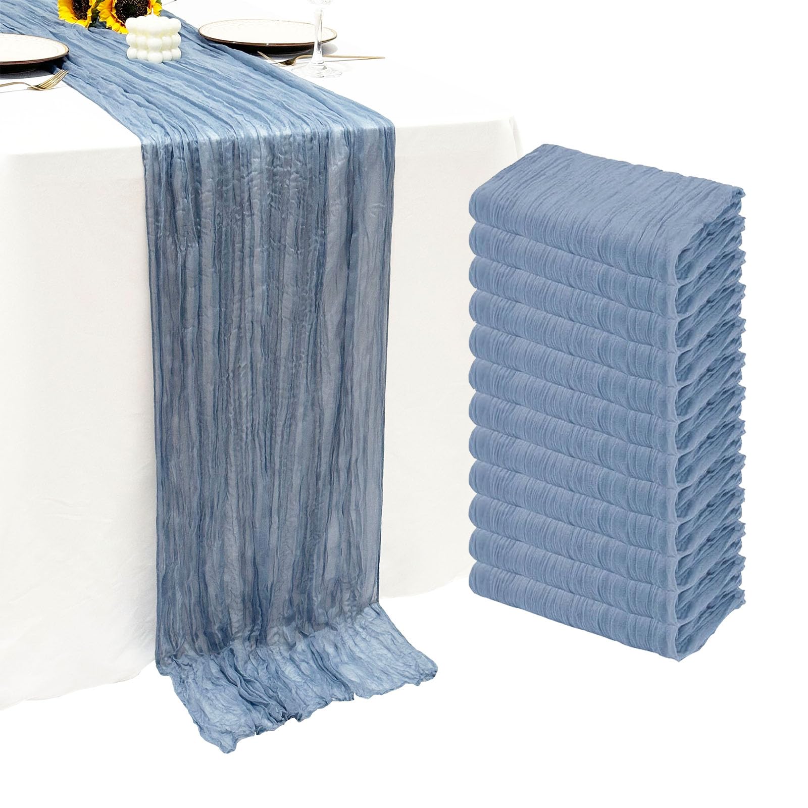 Photo 1 of 12Pack Dusty Blue Cheesecloth Table Runner 10Ft Gauze Table Runner Blue Cheese Cloth Table Runners Long Sheer Fabric Tablerunners for Wedding Party Bridal Shower Thanksgiving Christmas