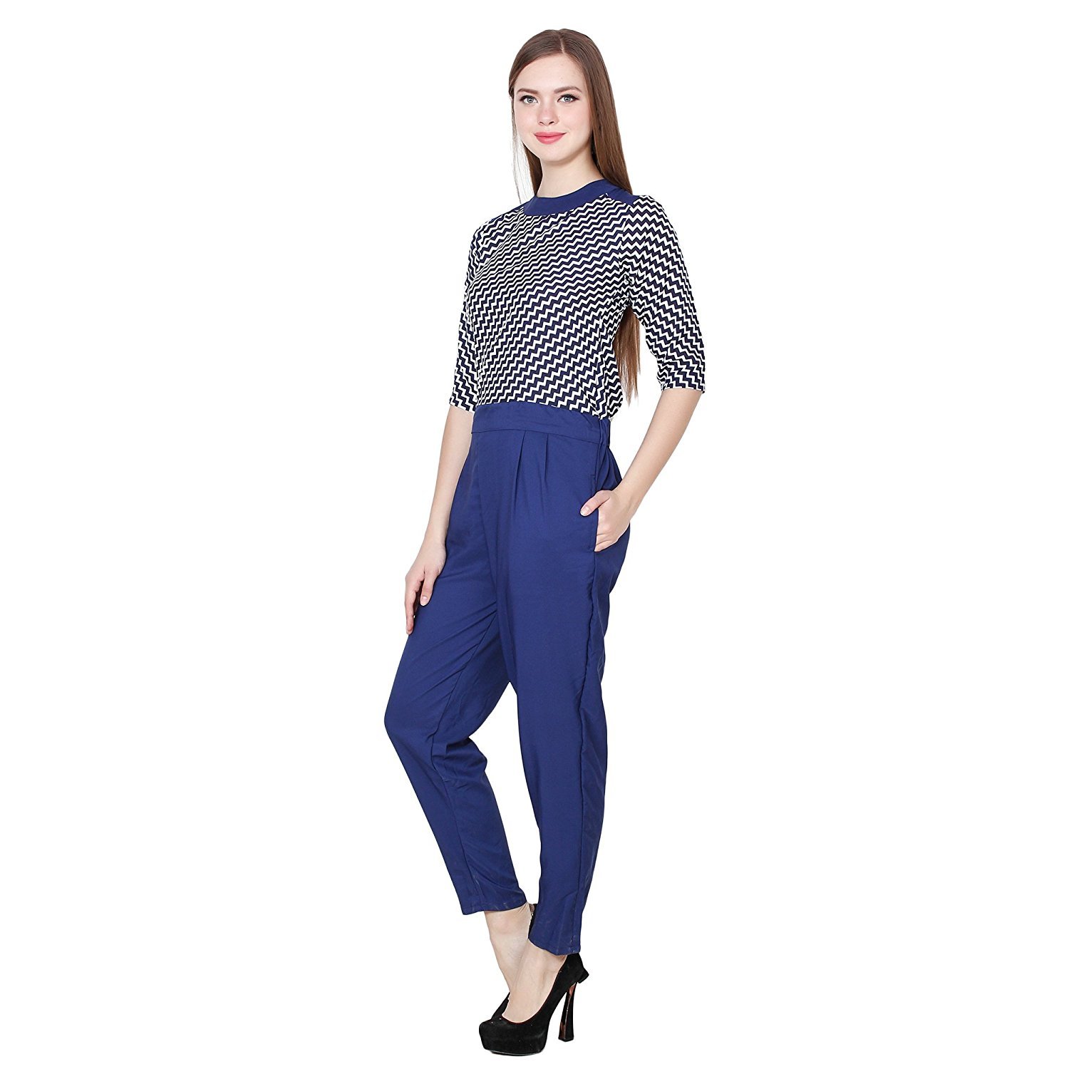 my swag women's white and blue high neck crepe jumpsuit