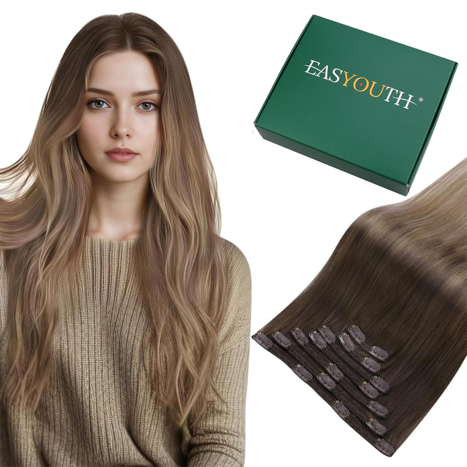 Easyouth Clip in Hair Extensions Real Human Hair Balayage Brown Clip ins Human Hair Extension Ombre Darkest Brown Ash Blonde Human Hair Extensions Clips in for Women 12 Inch 70g 7Pcs