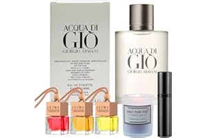 PERFUME4ALL Acqua Di Gio Cologne for Men 3.4 oz. EDT TESTER Spray - Gift Set with Lavender Soy Candle, 3 Unique Scent Car Air Fresheners, and Black Empty Travel Perfume Atomizer