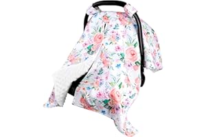 JUNDETYE Baby Car Seat Cover, Peekaboo Opening Car Seat Canopy for Baby Girls Boys, Mom Nursing Breastfeeding Covers, Minky Blanket for Infant, Pink Watercolor Flower