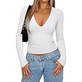 REORIA Women's Sexy V Neck Long Sleeve Basic T Shirts Trendy Slim Fit Lightweight Y2K Going Out Crop Tops White Small