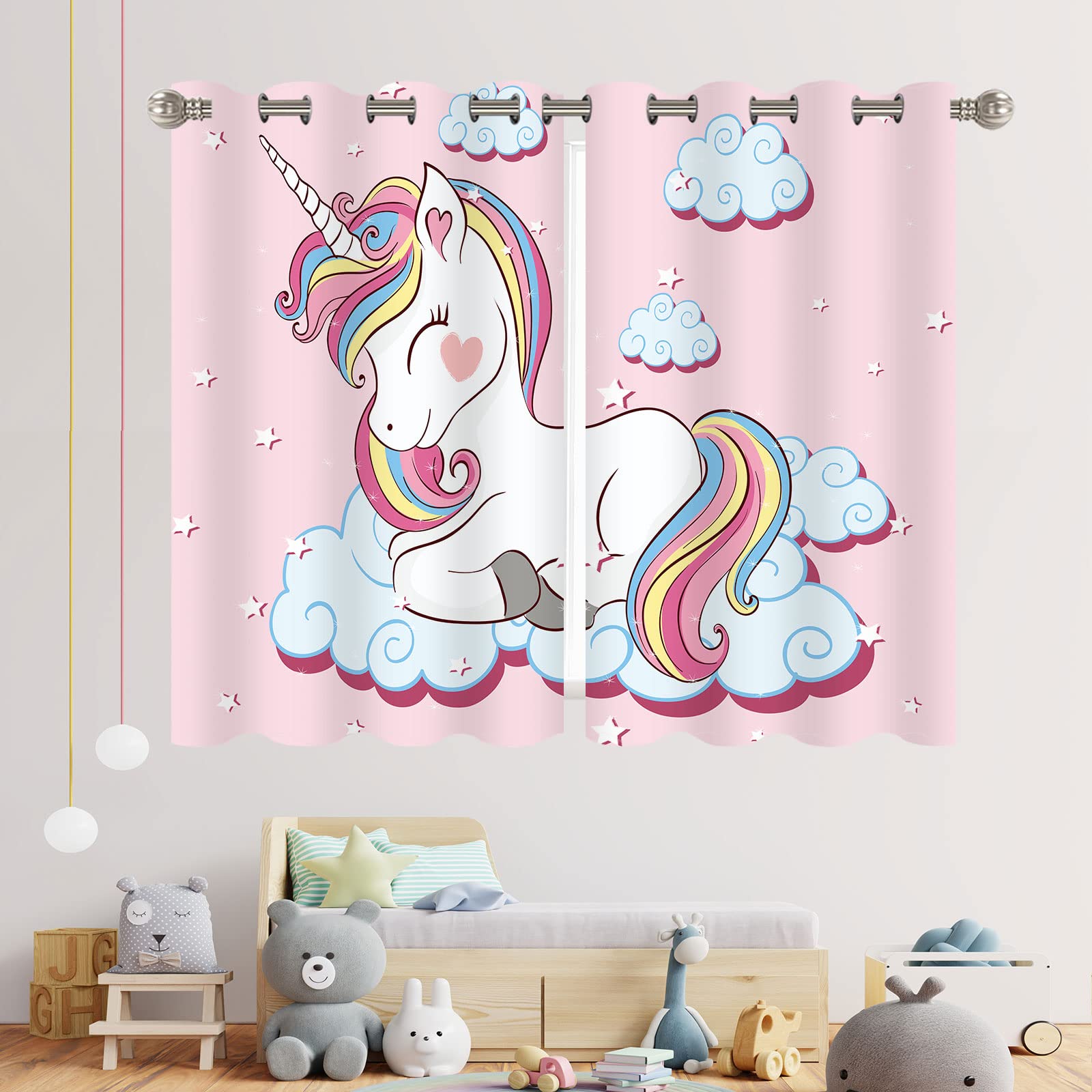 YISURE Nursery Cartoon Curtains, Unicorn Rainbow Blackout Curtain for Kids' Bedroom, Darkening Eyelet Window Drapes with Grommets- 52x63 Inch 2 Panels