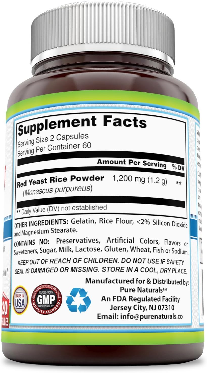 Pure Naturals Red Yeast Rice Dietary Supplement, 1200 Mgper Serving Capsules, 240Count, Promotes Healthy Cardiovascular System*, Supports Healthy Blood Circulation, Supports Overall Health*: Health & Personal Care
