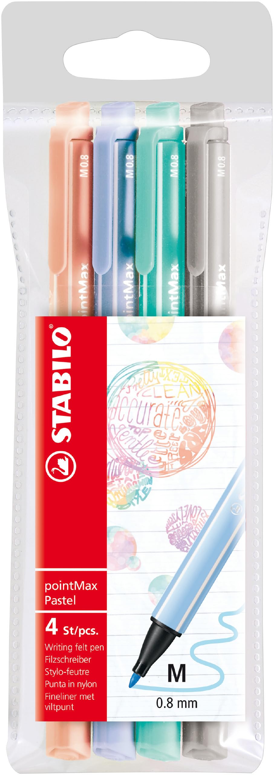 Nylon Tip Writing Pen - STABILO pointMax - Pack of 4 - Pastel Colours - apricot, ice blue, ice green, light cold grey