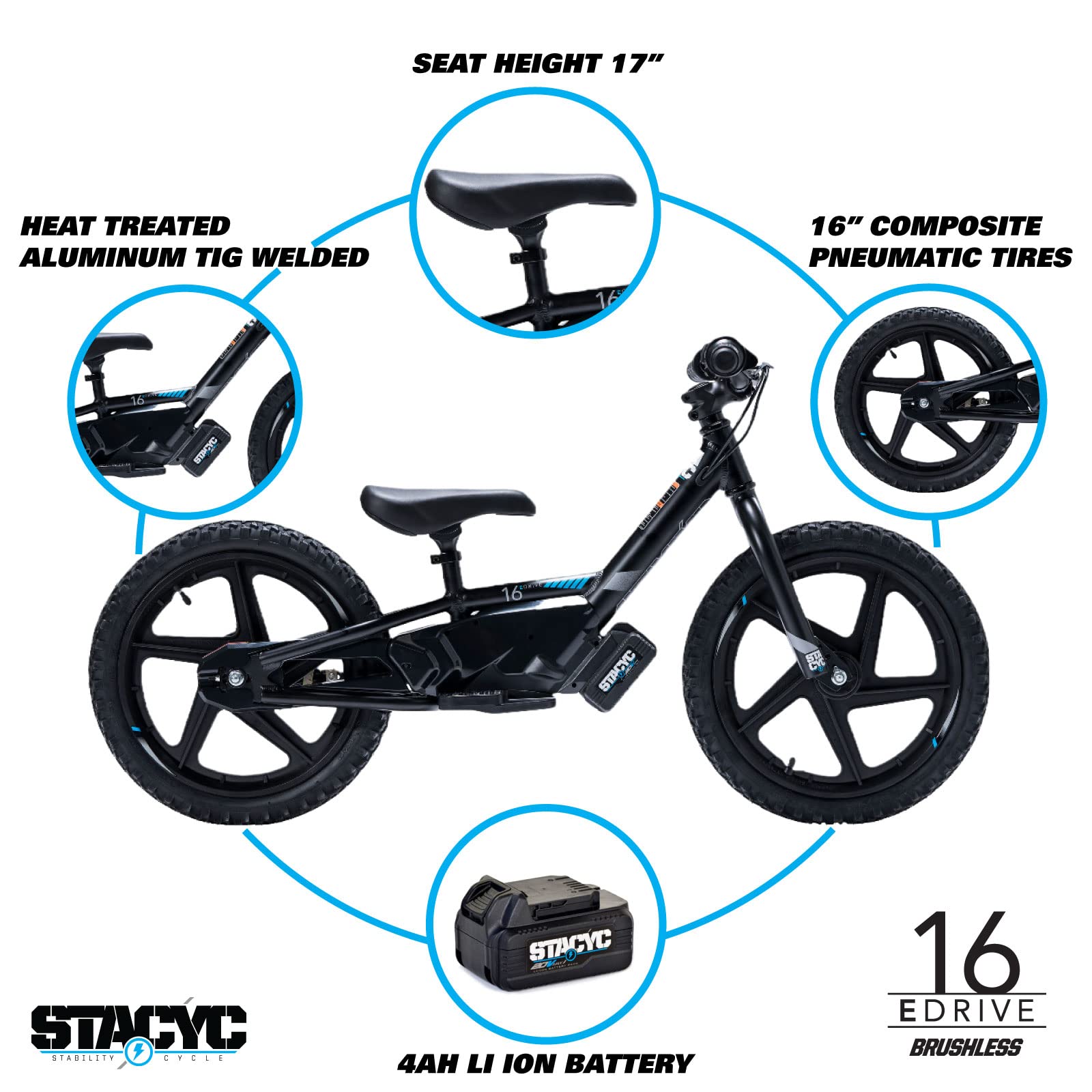 STACYC Brushless 16eDRIVE Electric Balance Bike for Kids Ages 5-7 Years Old