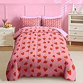 Nesker 7 Pcs Comforter Set Queen Size, Sweet Pink Fruit Bedding for Kids Teen, Cute Strawberry with Fitted Sheet 2 Pillowcases & 2 Shams for Bedroom Bed Decor