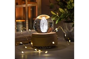 GETI 3D Crystal Ball Music Box Luxurious LED Projection Rotating Wood Base Rechargeable San Judas Tadeo, Virgin Mary for Adults and Kids Plays Spirited Away (Vigen Maria (Virgin Mary))