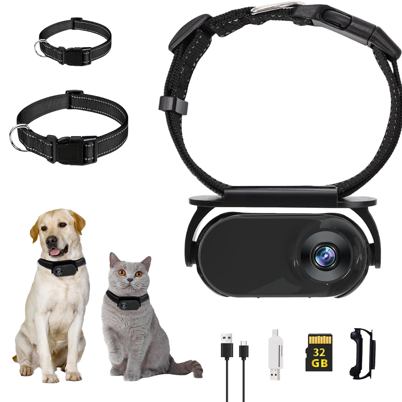 Dog Collar Camera with 32GB SD Card, Cat Camera Collar Wifi, Pet Collar Camera for Cats, No Wifi Needed Action Camera Wireless, Mini Body Camera, Collar Camera for Dogs Cats Indoor/Outdoor (Black)