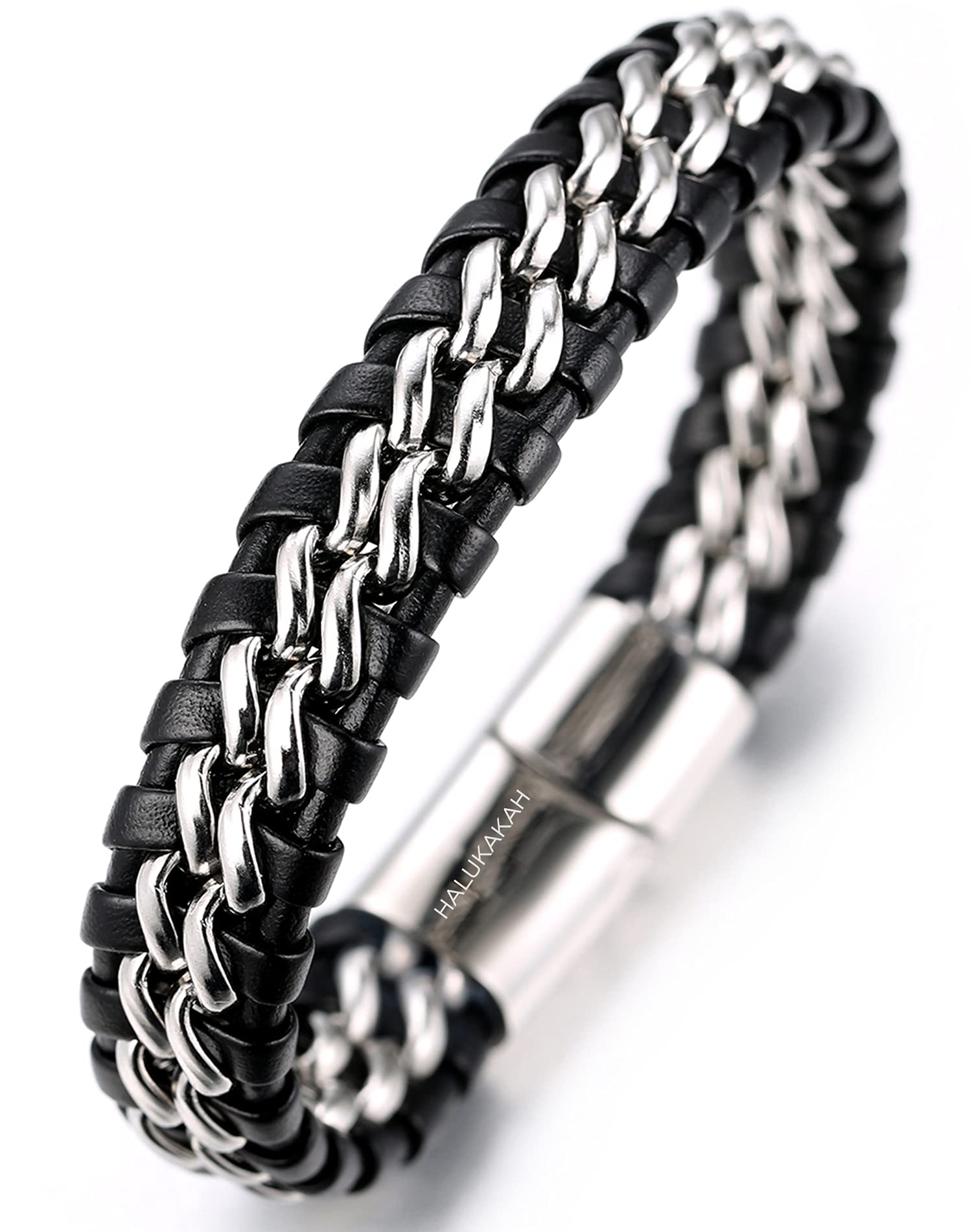 Halukakah ● Solo ● Men's Genuine Leather Titanium Bracelet Black & Silver 8.46"(21.5cm) with FREE Giftbox