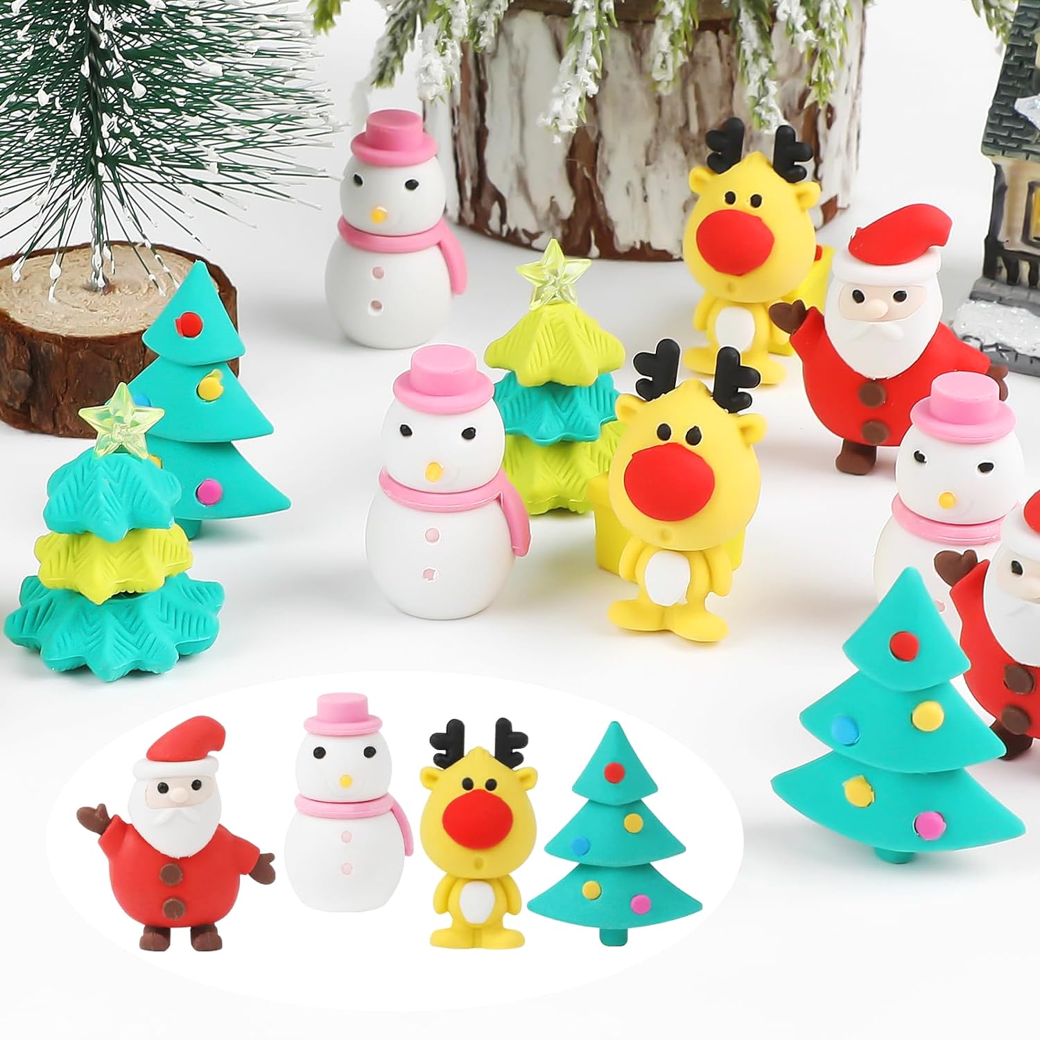 FINGOOO Christmas Erasers for Kids, 30 Pcs Cute Santa Reindeer Snowman Xmas Tree Gift Box Erasers for Christmas Party Bag Filler