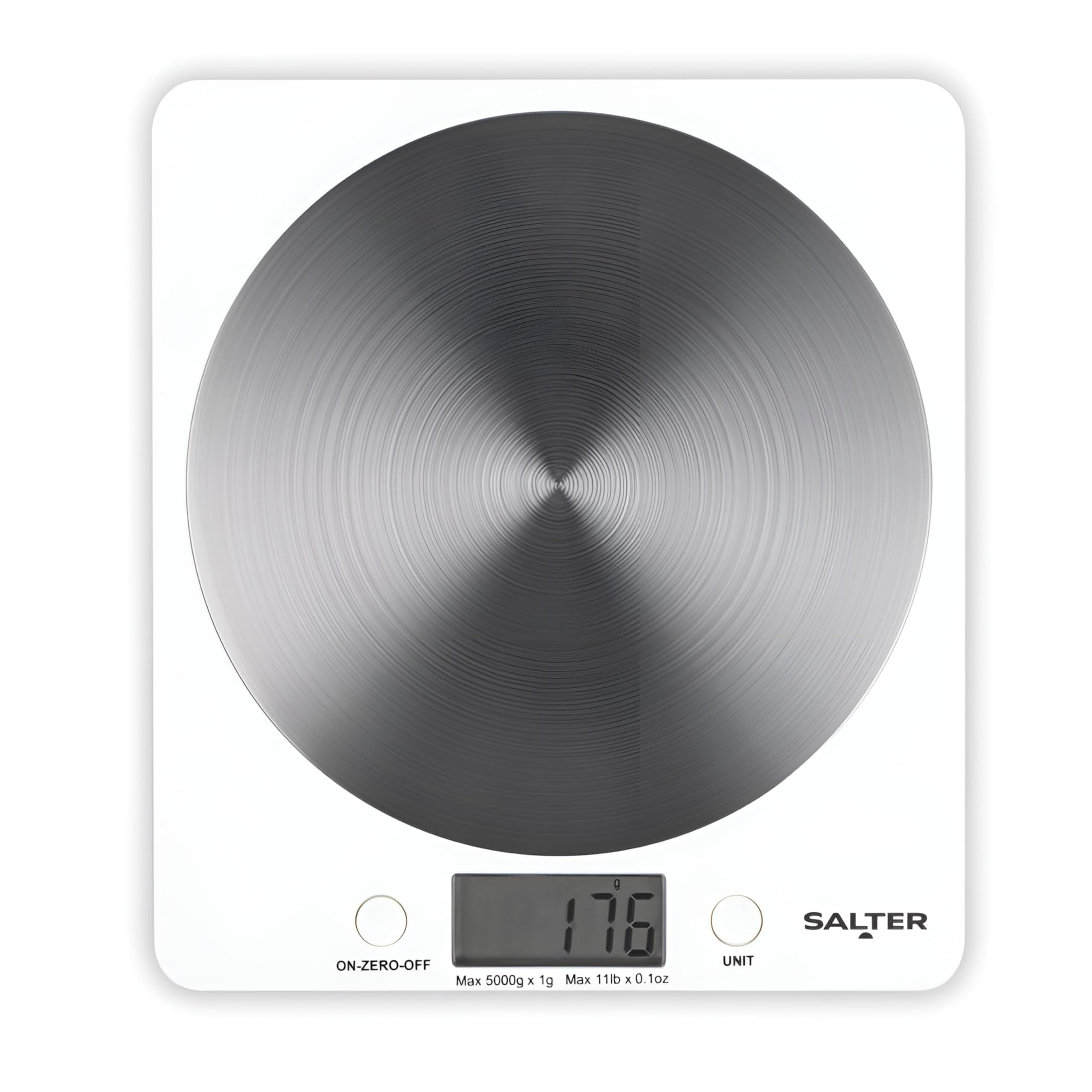 Salter White Disc Digital Kitchen Scale – Electronic Food Scale, Add & Weigh Multiple Ingredients, 5kg Capacity, Aquatronic for Measuring Liquids, Easy Read LCD Display, Includes Battery