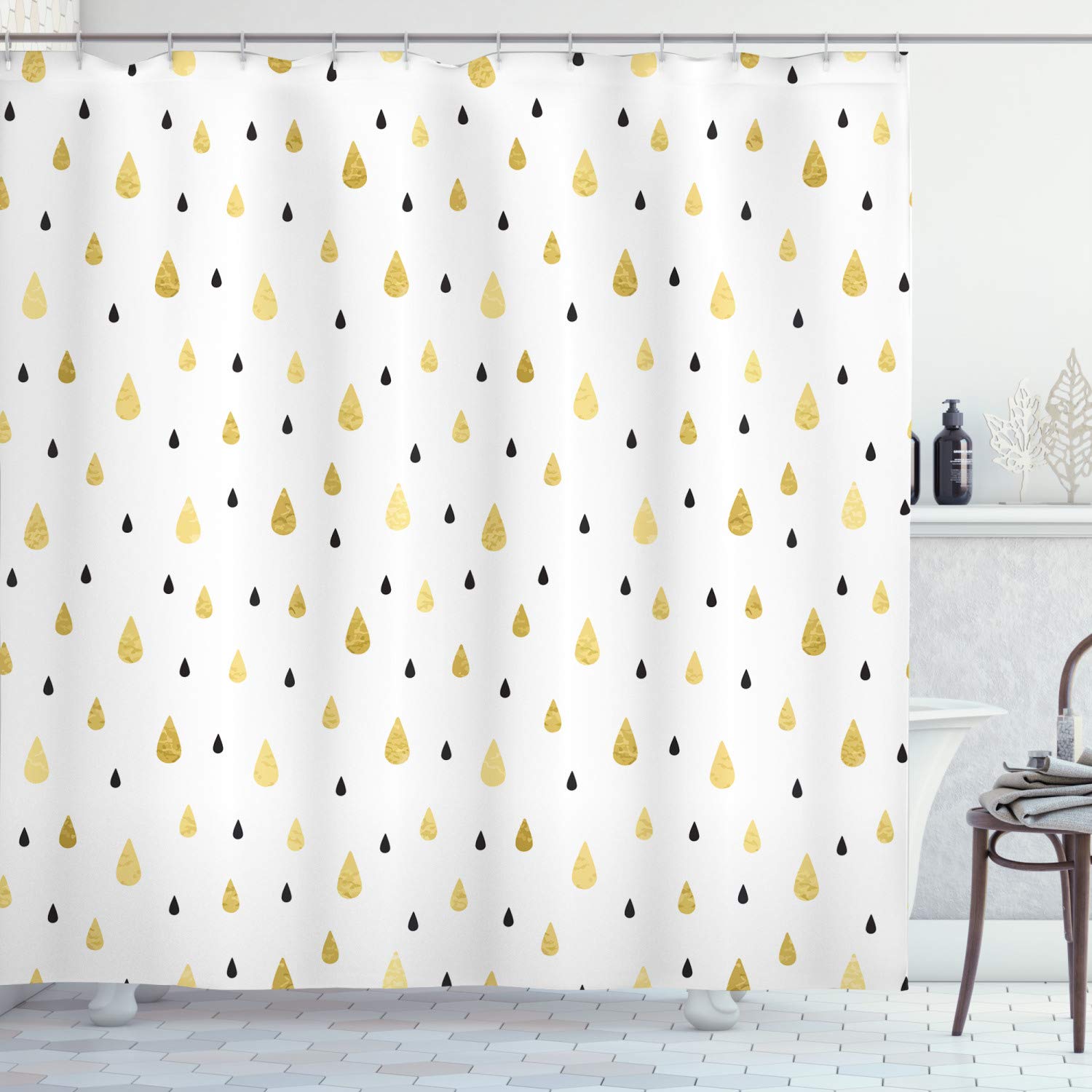 ABAKUHAUS Autumn Shower Curtain, Yellow Rain Drops Pattern Moisture Condensed from Atmosphere Print, Cloth Fabric Bathroom Decor Set with Hooks, 70 Inches, Mustard Black White