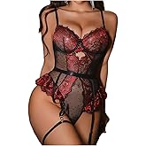 SOLY HUX Women's 4 Piece Lace Garter Lingerie Sheer Underwire Teddy Bodysuit Nightwear