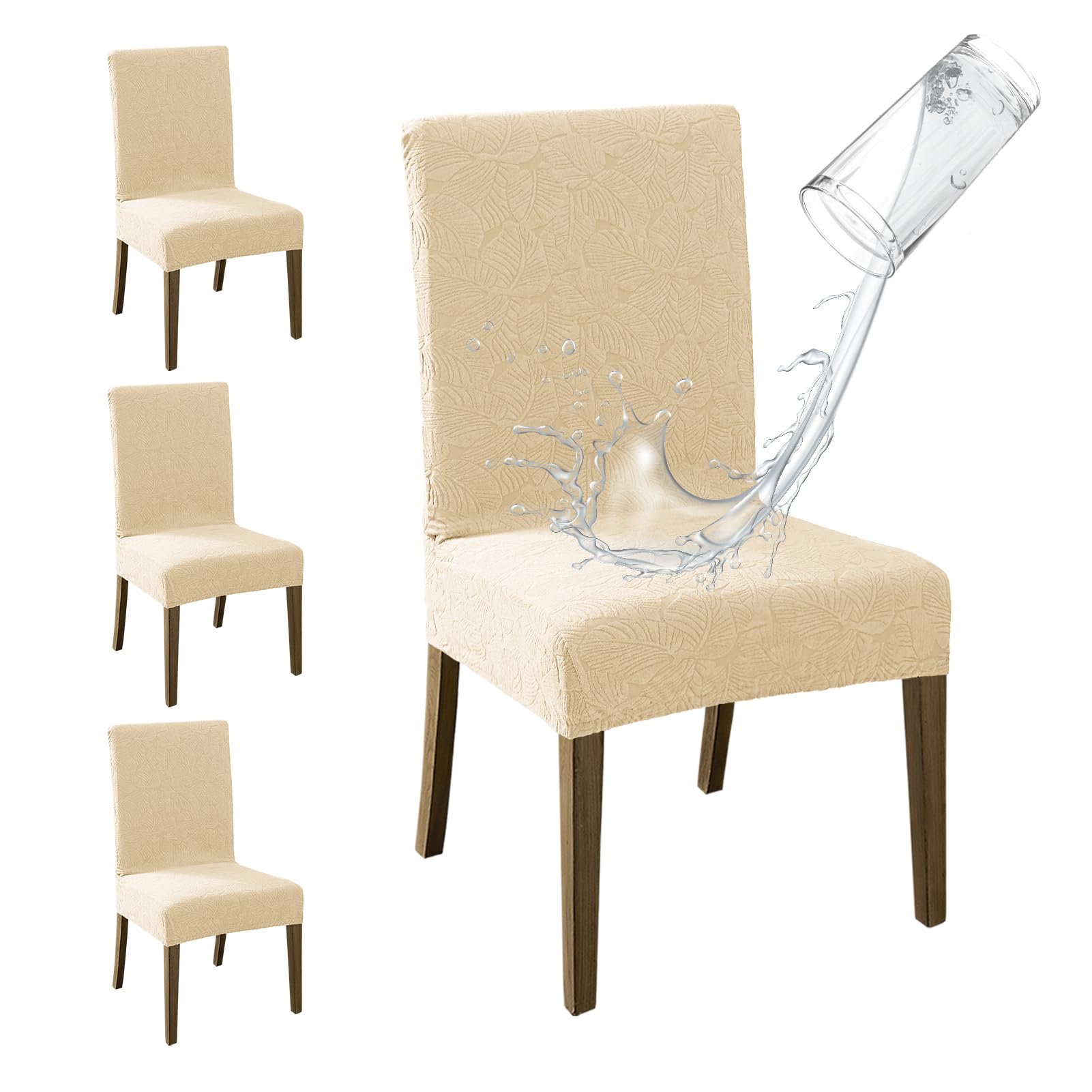MOSAYT 100% Waterproof Dining Room Chair Covers Set of 4, Super Fit Stretch Jacquard Parson Chairs Slipcovers Removable Washable Chair Seat Protectors for Home, Kitchen, Banquet (Beige - XL)