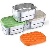 Homikit 3 Pack Snack Containers for Kids, 18/10 Stainless Steel Toddler Lunch Box with Silicone Lids, Reusable Bento Food Container Set for School Daycare, Nontoxic & Leak Proof, Green/Khaki/Orange