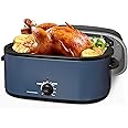 22 Quart Electric Turkey Roaster Oven with Removable Pan Large Stainless Steel Roaster, Visible & Self-basting Lid, Fast Heating & Thaw/warming Setting, Blue