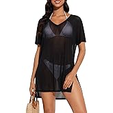 Tournesol Women's Sheer Swimsuit Cover Up Short Sleeve Side Slit Tie Coverup V Neck Bathing Suit Beach Dress