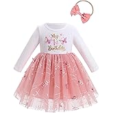 IBTOM CASTLE First Birthday Outfit Baby Girl Long Sleeve Embroidered Tutu Princess Dress and Headband Cake Smash Outfit