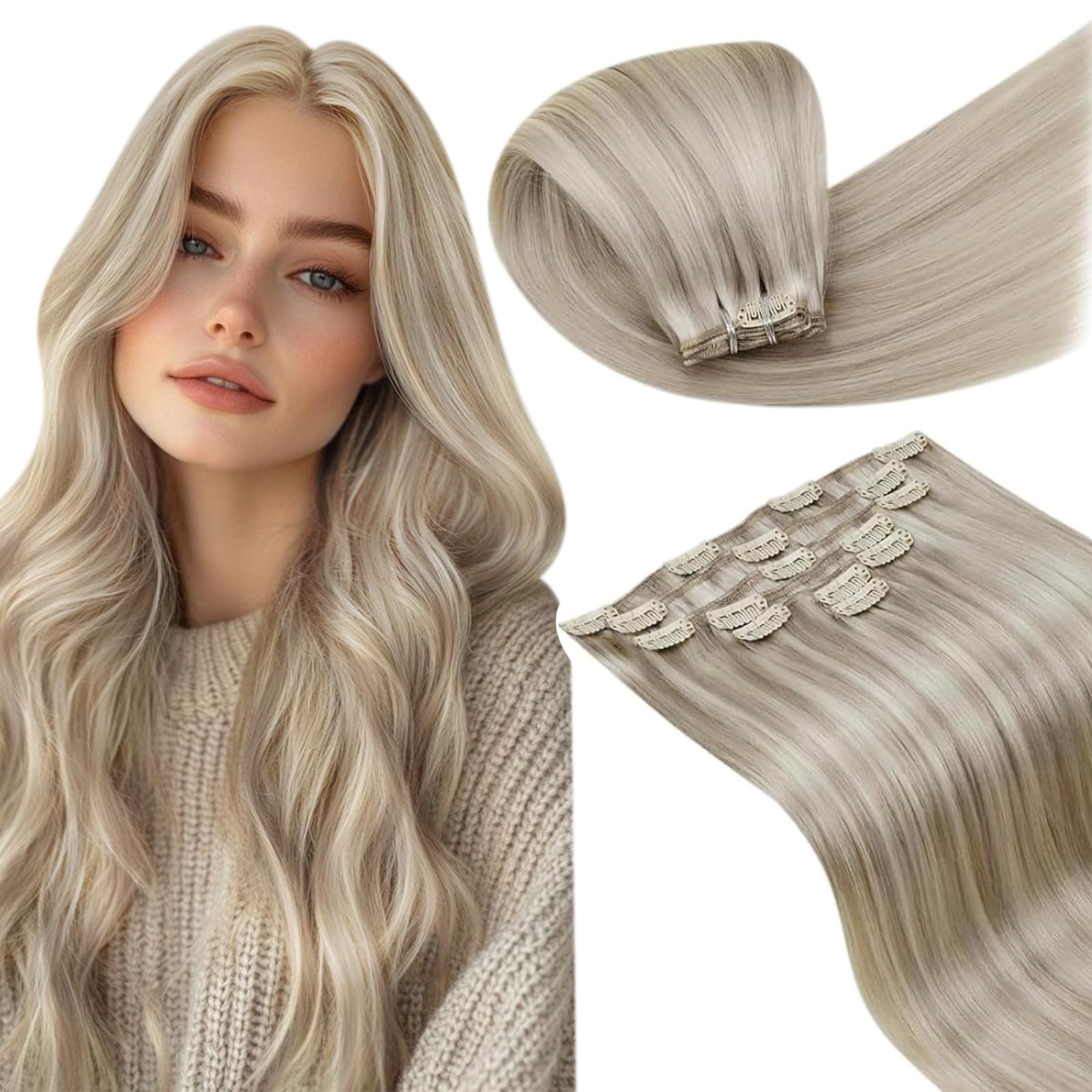 LaaVoo Blonde Clip in Hair Extensions Real Hair Extensions Clip in 14 Inch 120g 7pcs Full Head Straight Highlight Ash Blonde Remy Hair Double Weft #18/613 — image 1