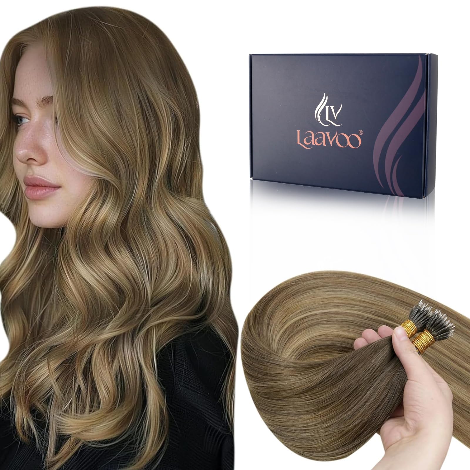 LaaVoo Nano Hair Extensions Real Human Hair Brown Nano Beads Hair Extensions 24 Inch Balayage Light Brown Shadows Invisible Nano Ring Straight Remy Hair 50g 50s #6/8/14 — image 1