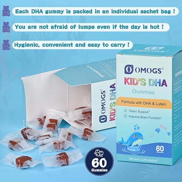 OMOGS CHILDREN’S DHA BLUEBERRY FLAVOURED GUMMIES, WITH LUTEIN, OMEGA-3 & VITAMIN C ALGAE DHA, FOR EYE HEALTH, BRAIN HEALTH & HEALTHY IMMUNITY, GLUTEN FREE, VEGAN, 60 GUMMIES.