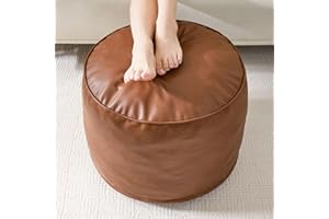 HIGOGOGO Round Stuffed Pouf Ottoman, Pu Leather Poufs with Foam Chunk Filling, Furry and Fluffy Pouf Foot Stool Storage Ottoman, 20 X 15 Floor Poufs Foot Rest for Living Room,Brown