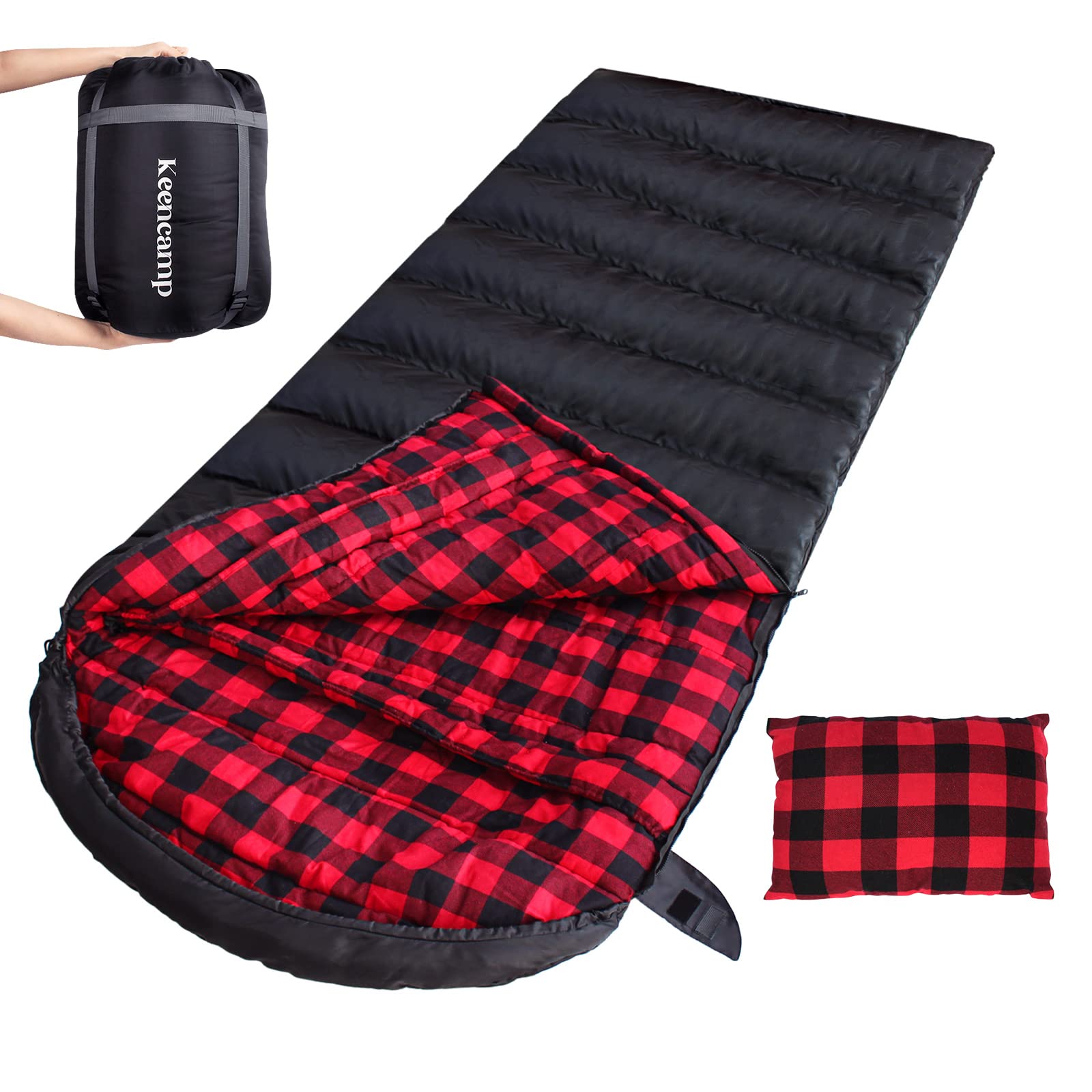 Photo 1 of Keencamp 0 Degree Sleeping Bag Cotton Flannel Winter Cold Weather for Adults XXL Sleeping Bag 4 Season Big and Tall with Pillow Compression Sack