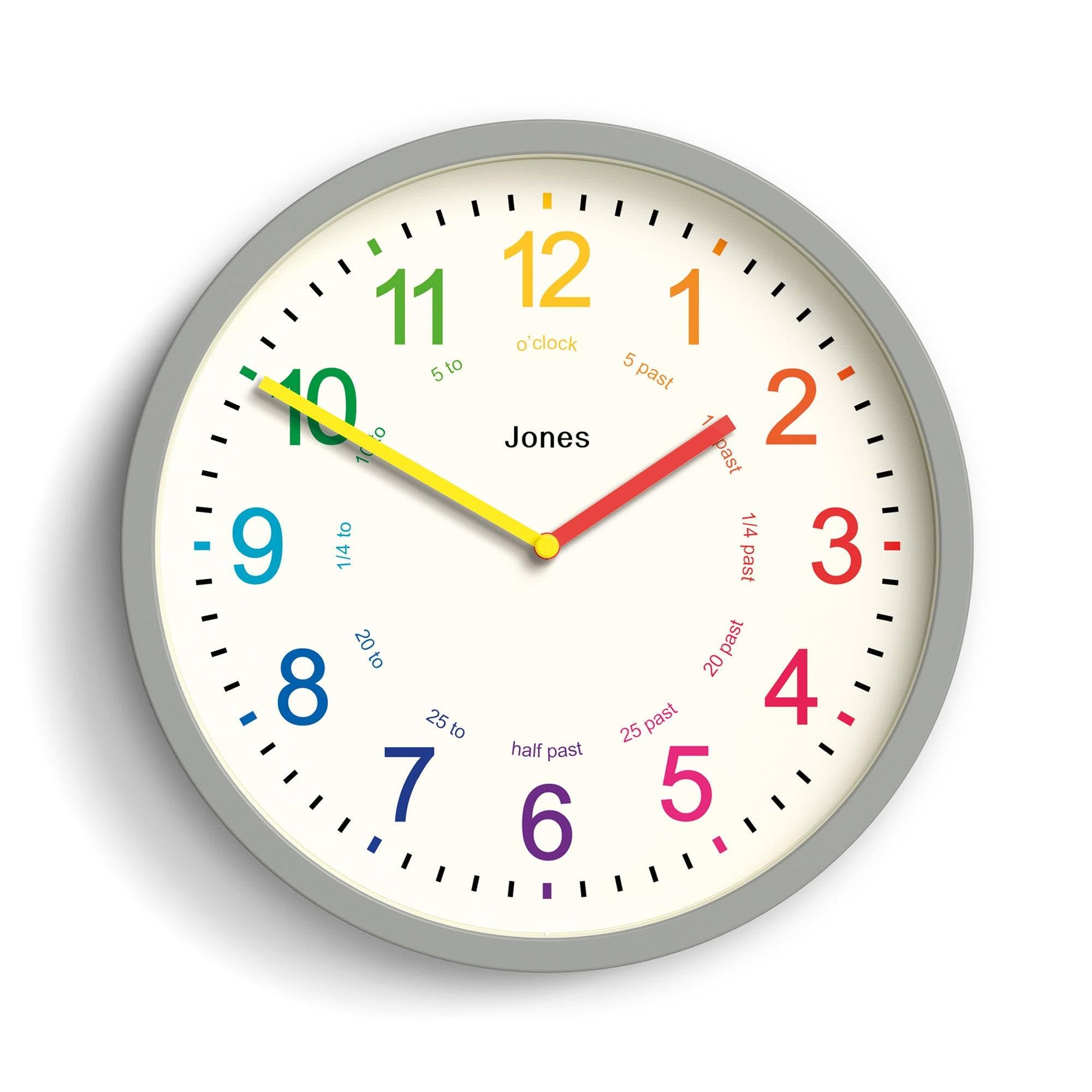 Jones Clocks® Kids wall clock | Small modern children’s clock | 25cm | Grey | Colourful numbers | Learn to tell the time
