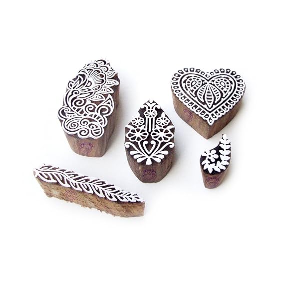 Royal Kraft Blume und Herz Indisch Muster Hölzern Blöcke Stempel (Set von 5)