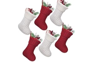 LimBridge Christmas Mini Stockings, 6 Pack 7 inches Knitted Knit Rustic Holiday Decorations for Family Home, White and Red