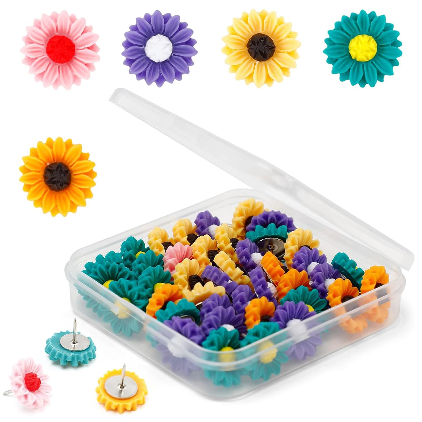 30PCS Sunflower Push Pins, Flower Drawing Pins Cute thumb Tacks Thumbtacks Decorative Pushpin with Storage Box for Notice Board Pins Cork Boards Cardboard Hanging Posters Wall Decorations