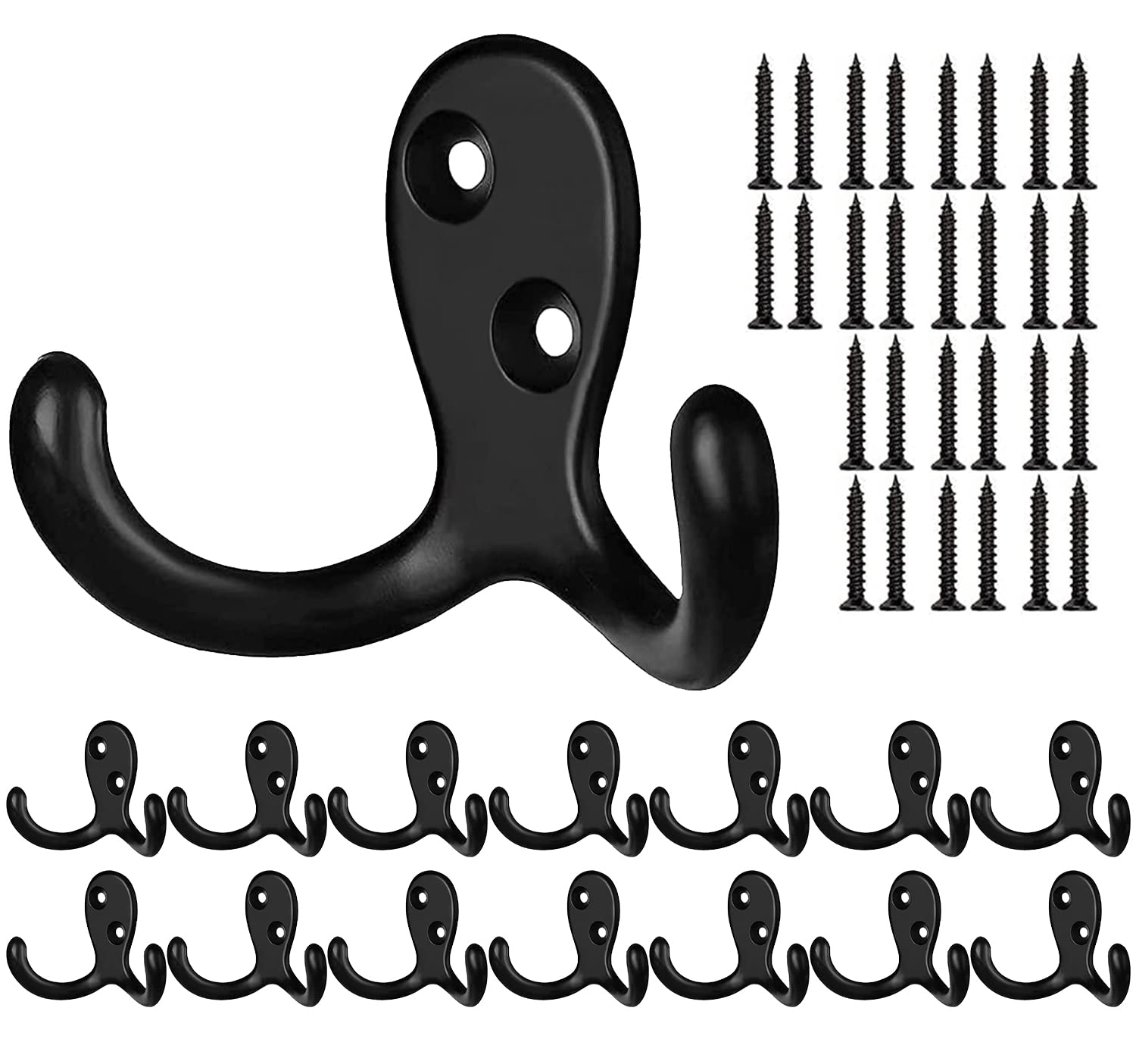 BIGLUFU Black Coat Hooks 14Pcs, Vintage Heavy Duty Wall Mounted Double Hook with 40 Screws for Hanging Coat, Hat,Towel,Scarf, Bag, Key, Cap, Cup