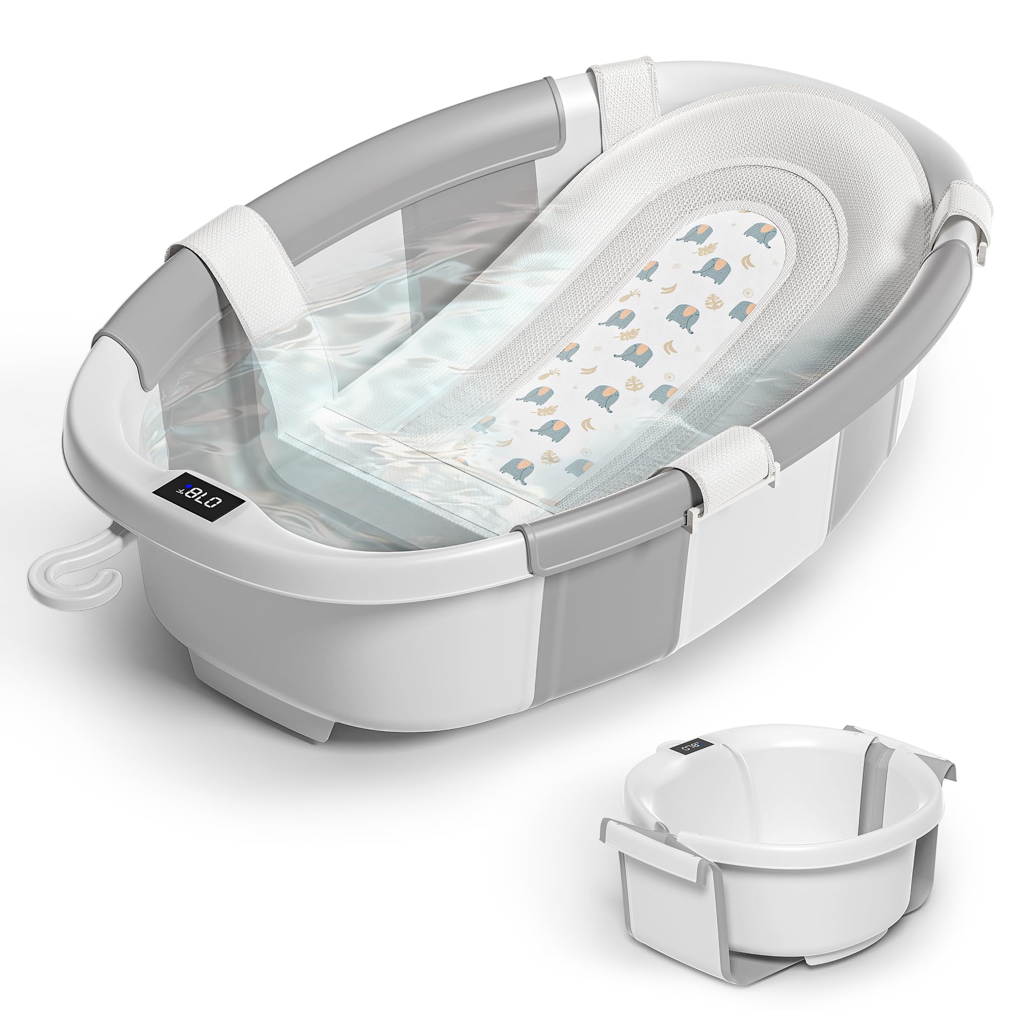 Photo 1 of Himold Collapsible Baby Bathtub for Newborn to Toddler 0-36 Months, Spacious Foldable Infant Bath Tub with Thermometer, Cushion & Drain Hole, Portable Travel Tub Grey