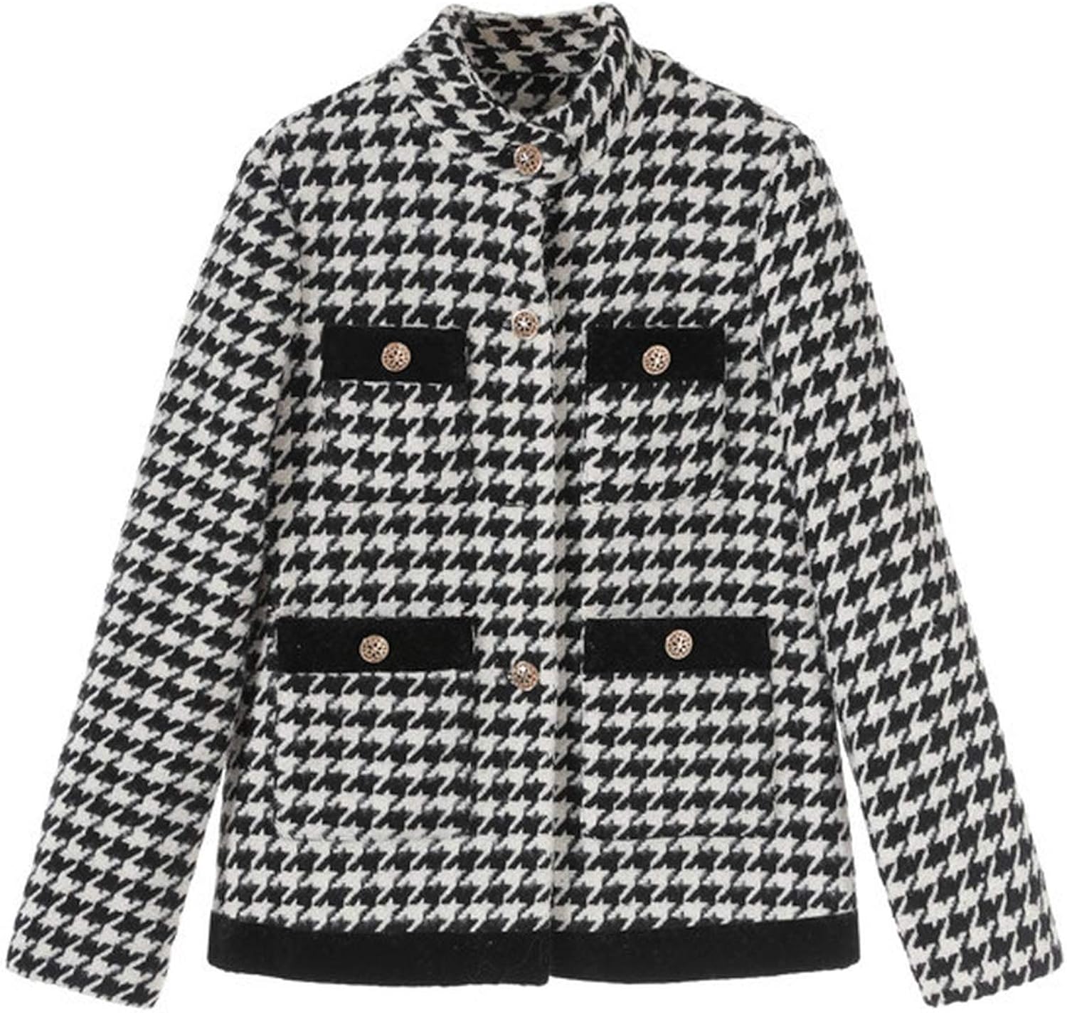 Luxury Women Houndstooth Tweed Jacket 2020 Winter Classic Office Lady Stand Collar Single 