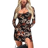 HYPERFIRE Women's Mesh Long Sleeve Square Neck Split Hem Party Club Cocktail Bodycon Mini Dress