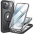 Miracase Glass Series for iPhone 15 Case [Compatible with MagSafe] Full-Body Magnetic Bumper Case with Built-in 9H Tempered Glass Anti-Fingerprint Screen Protector + Camera Lens Protector, Black