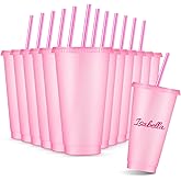 Amyhill 12 Pcs Reusable Glitter Cups with Lids and Straws 24 oz Plastic Tumbler Iced Coffee Cup Travel Mug for Smoothie Juice Birthday Sleepover Party Supplies for Valentine Girl(Light Pink)