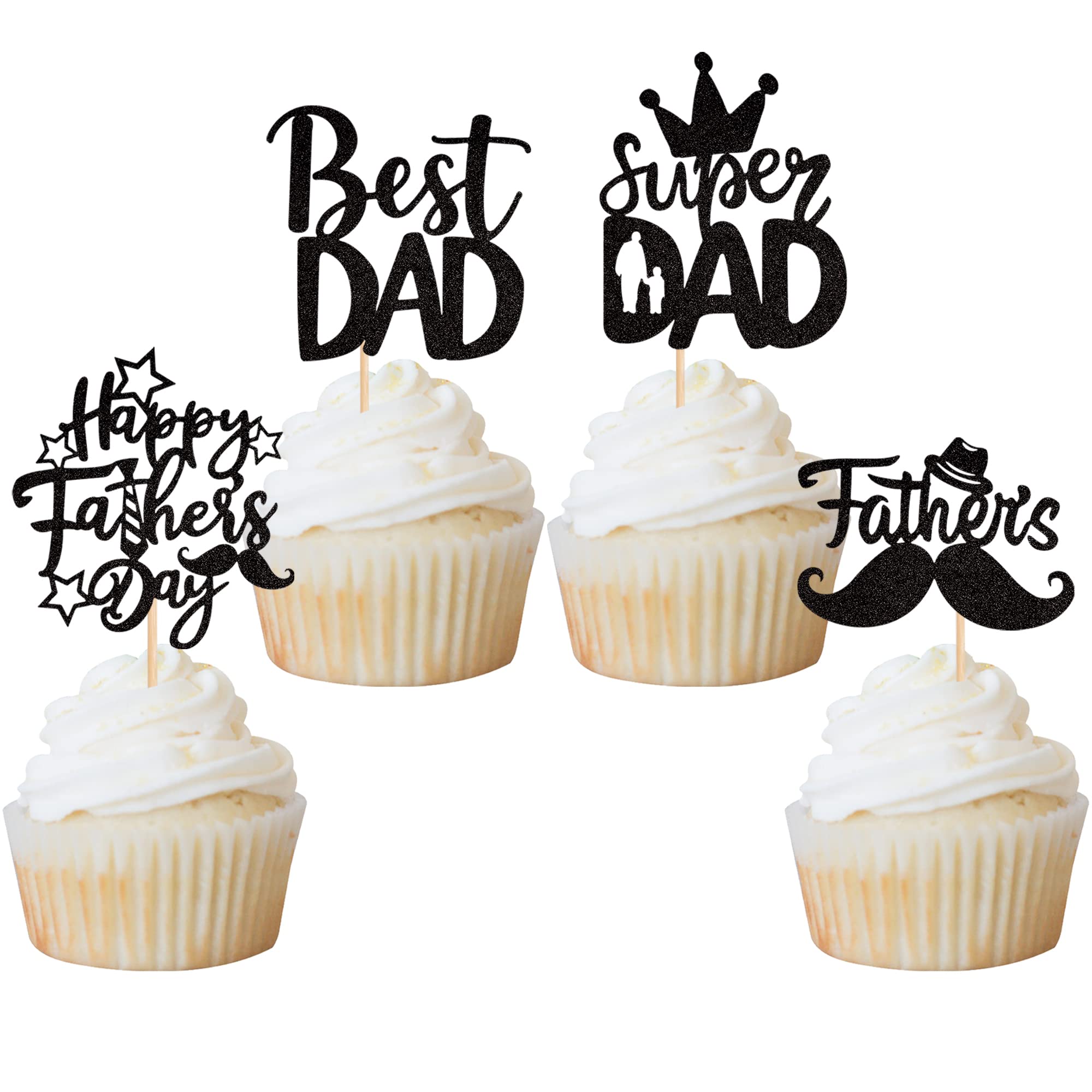 Xsstarmi 24 PCS Black Happy Father's Day Cupcake Toppers with Glitter Crown Hat Moustache Love Father Best Dad Super Dad Cupcake Picks for Happy Father's Day Birthday Party Cake Decorations Supplies