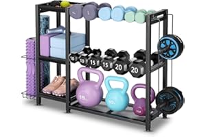 FHXZH 3-Tier Dumbbell Rack Stand Only - Adjustable Weight Rack for Home Gym, Heavy-Duty Weight Stand for Dumbbells Kettlebells Foam Roller Yoga Mats, Workout Equipment Storage Organizer With Hooks