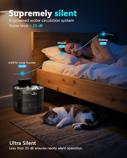 AUPETM BATTERY OPERATED CAT WATER FOUNTAIN, WIRELESS AUTOMATIC WATER DISPENSER FOR CATS & DOGS, 3L/101OZ CORDLESS PET WATER BOWL FOUNTAINS WITH STAINLESS STEEL TRAY & QUIET 6-STAGE FILTER SYSTEM