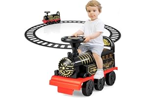 OLAKIDS Kids Ride On Train with Track, 6V Electric Toy with Lights and Sounds, Retractable Footrest, Under Seat Storage, Christmas Theme Battery Powered for Toddlers Boys Girls (1 Seater, Retro)