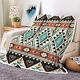 Southwestern Tribal Azte Throw Blankets, Soft Cozy Flannel American Native Ethnic Geometric Western Boho Design Warm Bed Blanket for Man Woman Adults Couch
