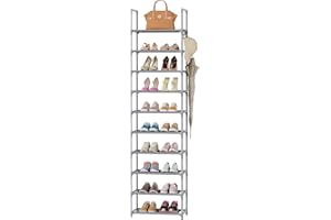WOKKOW Shoe Rack Organizer, 10 Tier Tall Narrow Shoe Rack for Closet Entryway, Shoe Storage Shelf Holds 20-25 Pairs with Hooks, Gray