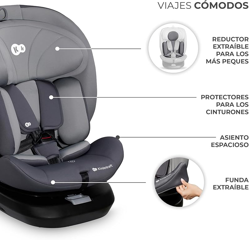 Kinderkraft I-GROW Cadeira auto para bebé e crianças, I-SIZE 40-150 cm, Isofix, Assento ajustável, Cadeira, RWF, FWF, Universal para cadeira auto, 360º, Grupo 0+/1/2/3, 0-36 kg, Cinzento