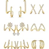 Ofeiyaa 3-6 Pairs Claw Earrings X-shaped Heart Snowflake Butterfly Shiny Pearl CZ Ear Cuff Minimalist Double Wrap Stud Huggie Earrings Jewelry Set for Women Silver Gold Tone